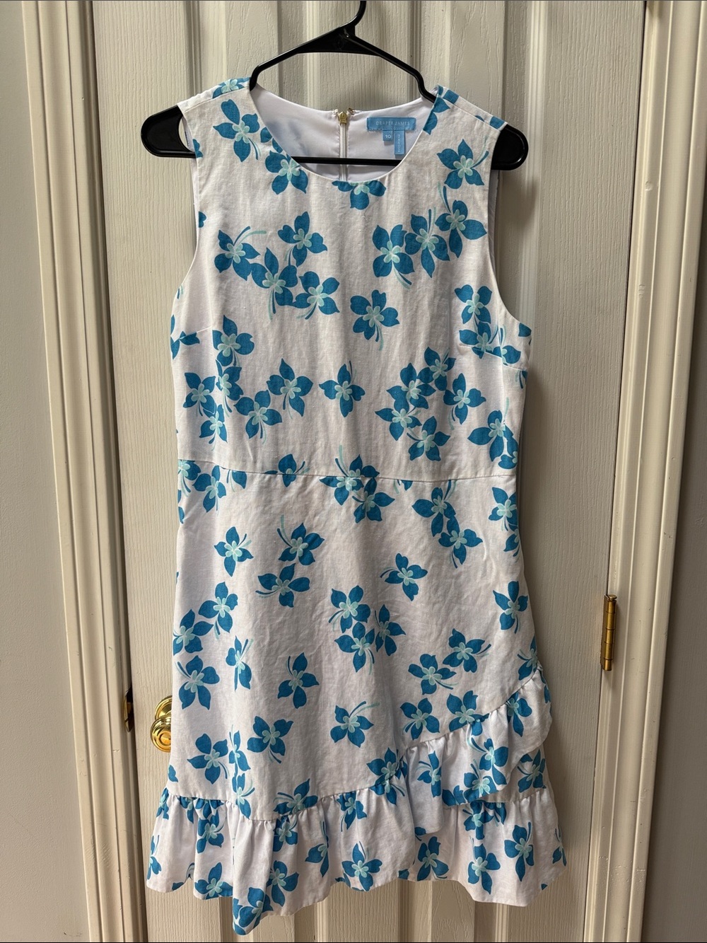 Draper James Ruffle Hem White Dress with Blue Floral Print Size 10